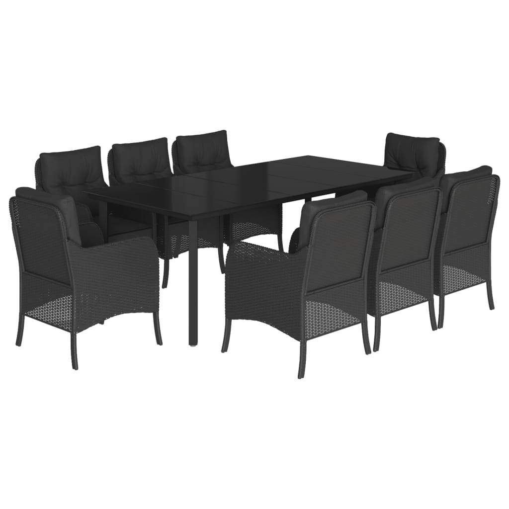 vidaXL 9-tlg. Garten-Essgruppe mit Kissen Schwarz Poly Rattan