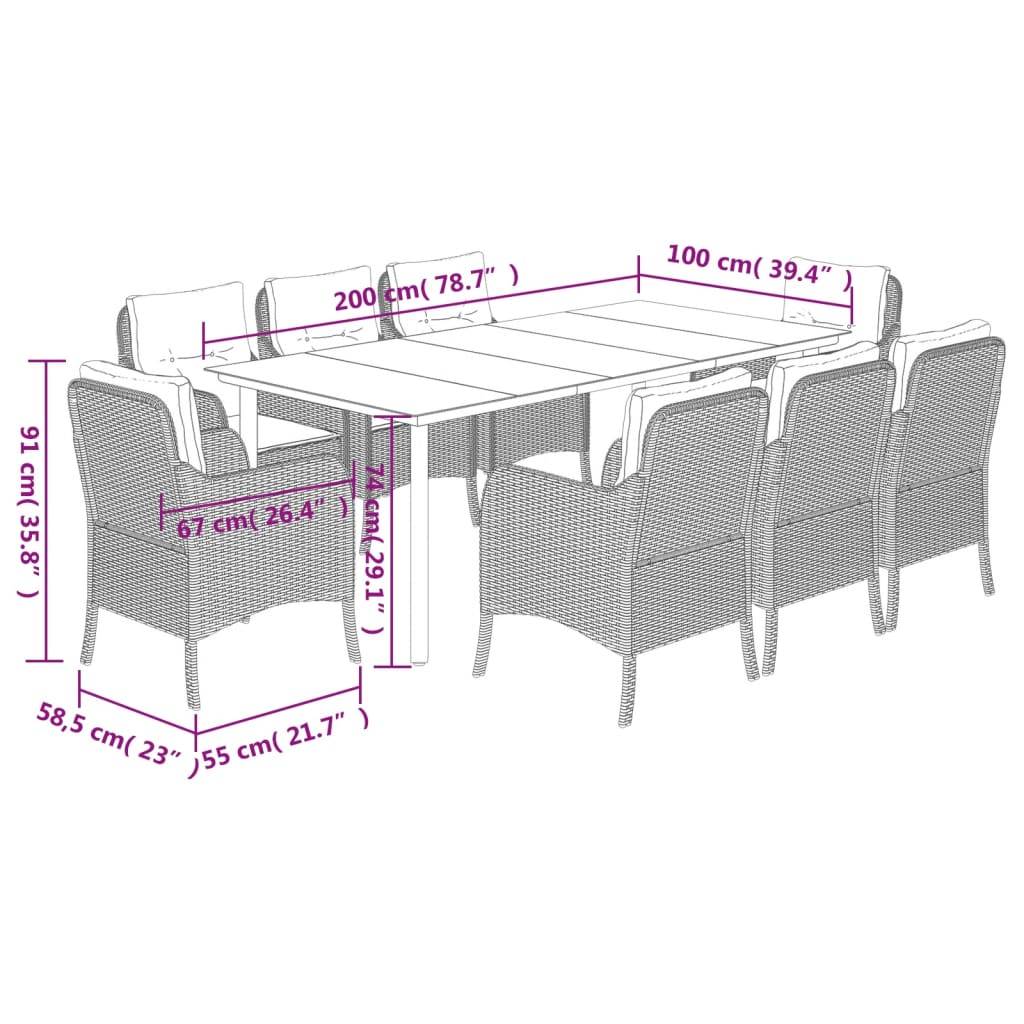 vidaXL 9-tlg. Garten-Essgruppe mit Kissen Beige Poly Rattan
