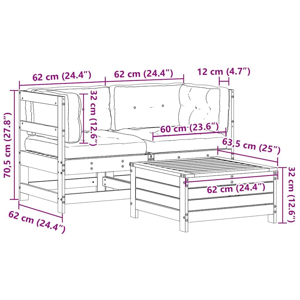 vidaXL 3-tlg. Garten-Lounge-Set mit Kissen Weiß Massivholz Kiefer
