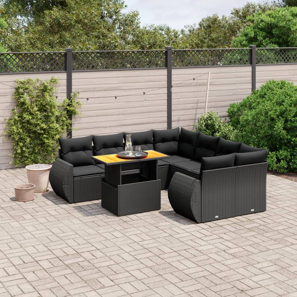 vidaXL 9-tlg. Garten-Sofagarnitur mit Kissen Schwarz Poly Rattan