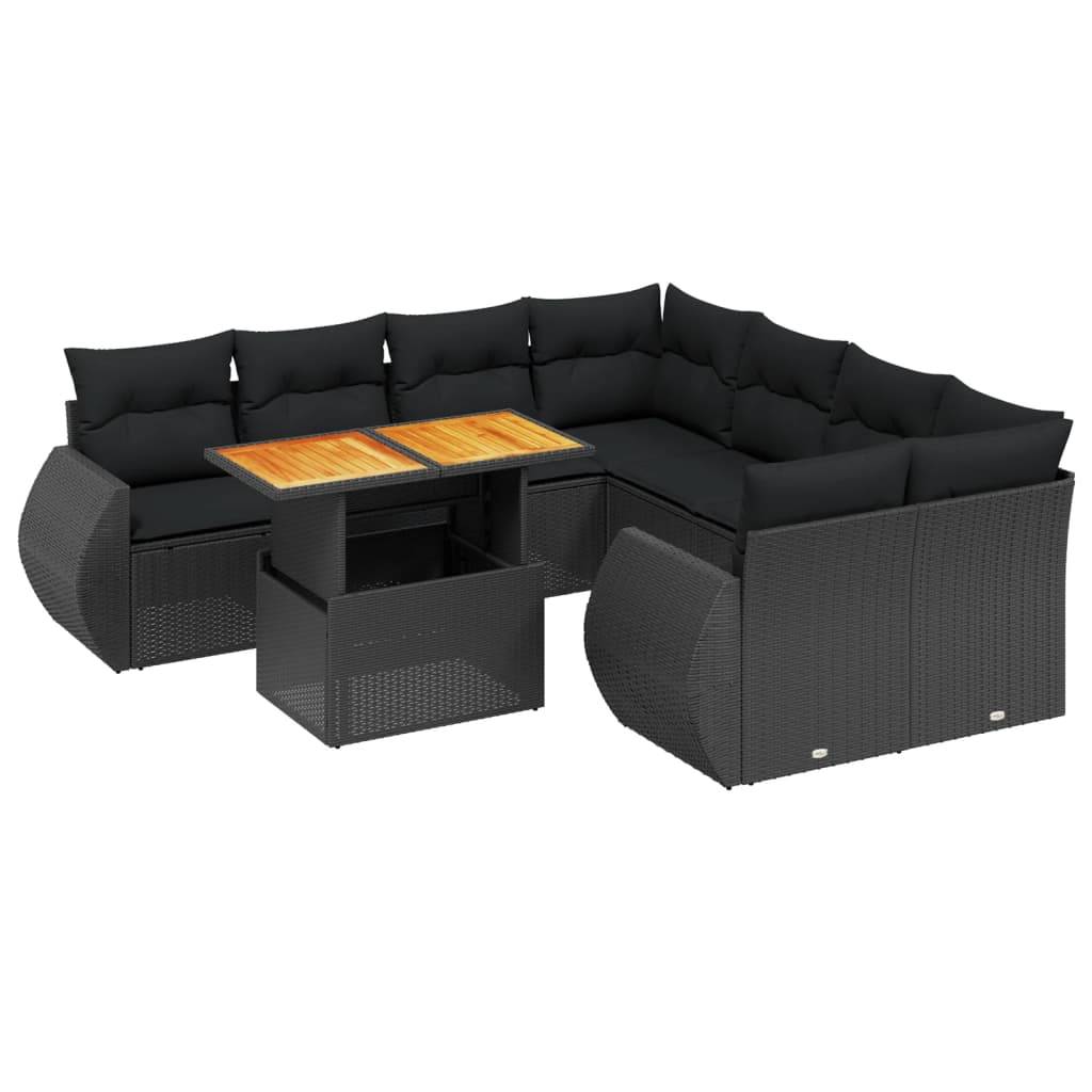 vidaXL 9-tlg. Garten-Sofagarnitur mit Kissen Schwarz Poly Rattan
