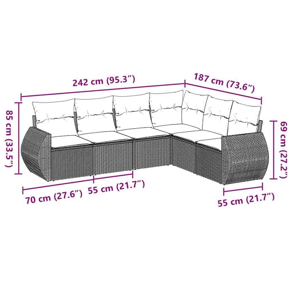 vidaXL 6-tlg. Garten-Sofagarnitur mit Kissen Schwarz Poly Rattan