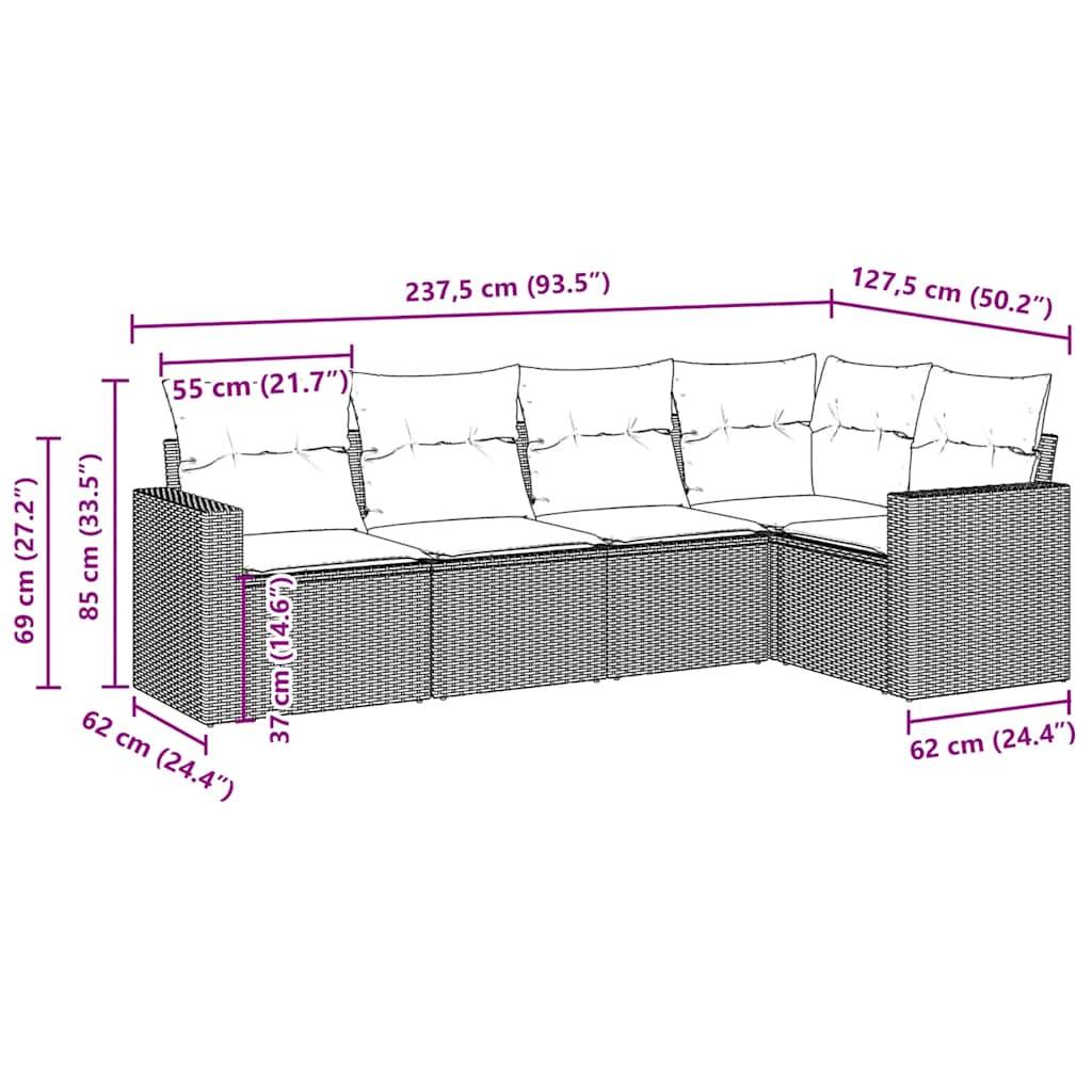 vidaXL 5-tlg. Garten-Sofagarnitur mit Kissen Braun Poly Rattan