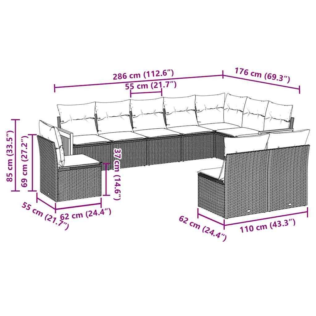 vidaXL 10-tlg. Garten-Sofagarnitur mit Kissen Schwarz Poly Rattan