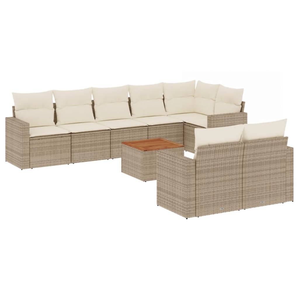vidaXL 9-tlg. Garten-Sofagarnitur mit Kissen Beige Poly Rattan