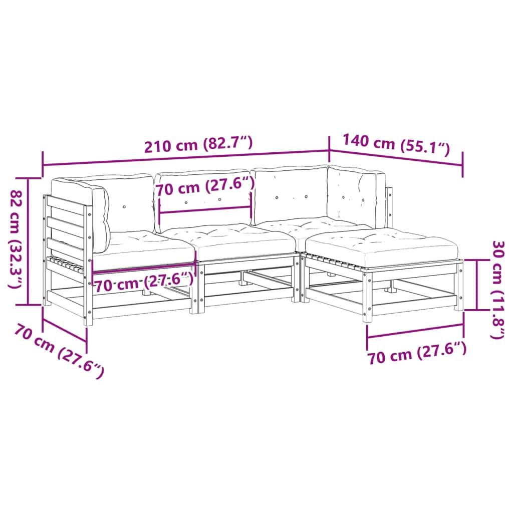 vidaXL 4-tlg. Garten-Sofagarnitur mit Kissen Wachsbraun Kiefernholz