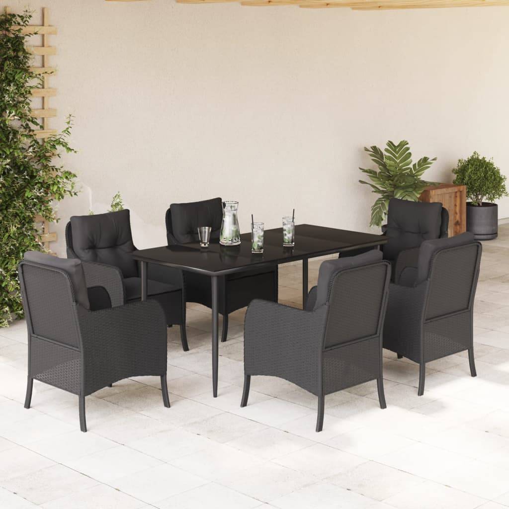 vidaXL 7-tlg. Garten-Essgruppe mit Kissen Schwarz Poly Rattan