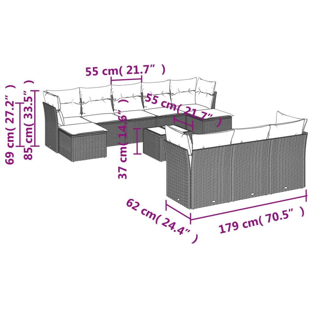 vidaXL 11-teiliges Gartensofa-Set mit Kissen, schwarzes Polyrattan