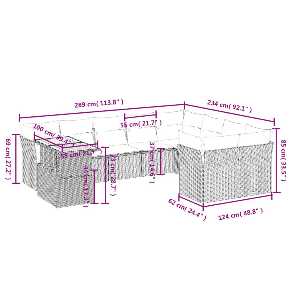 vidaXL 10-tlg. Garten-Sofagarnitur mit Kissen Schwarz Poly Rattan