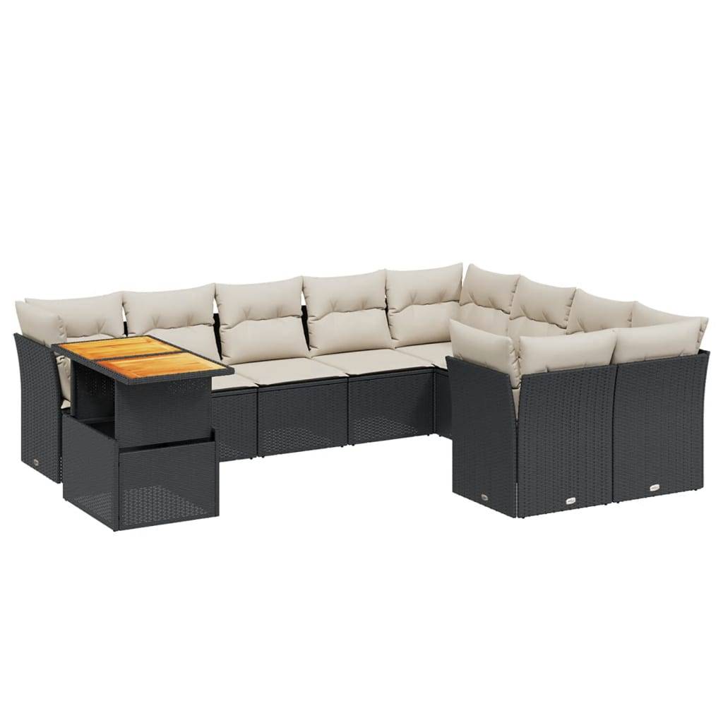 vidaXL 10-tlg. Garten-Sofagarnitur mit Kissen Schwarz Poly Rattan