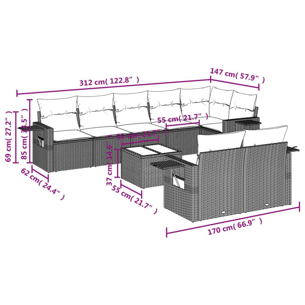 vidaXL 9-teiliges Gartensofa-Set mit Kissen, schwarzes Polyrattan