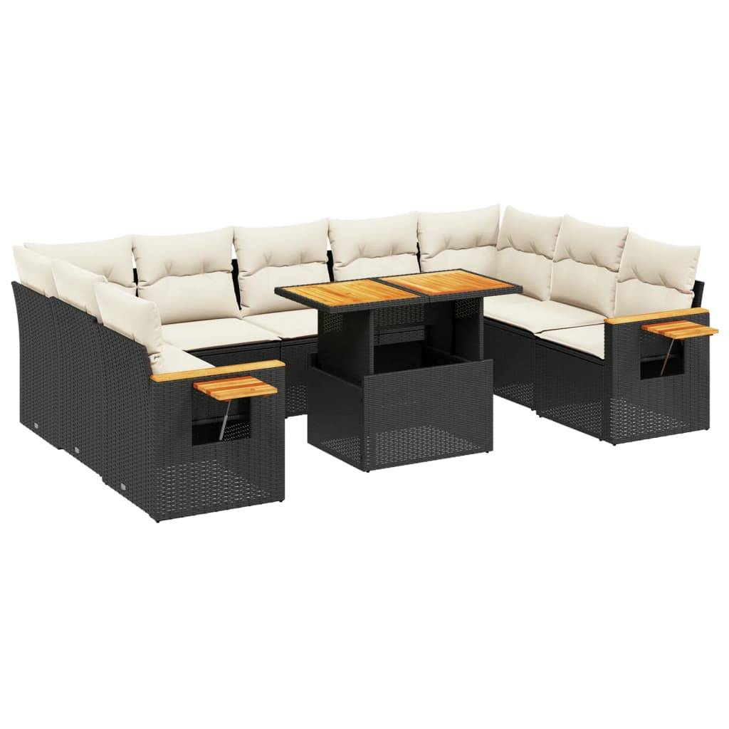 vidaXL 10-tlg. Garten-Sofagarnitur mit Kissen Schwarz Poly Rattan