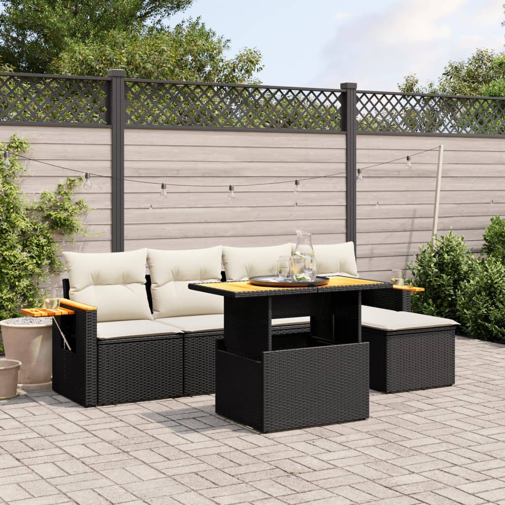 vidaXL 6-tlg. Garten-Sofagarnitur mit Kissen Schwarz Poly Rattan