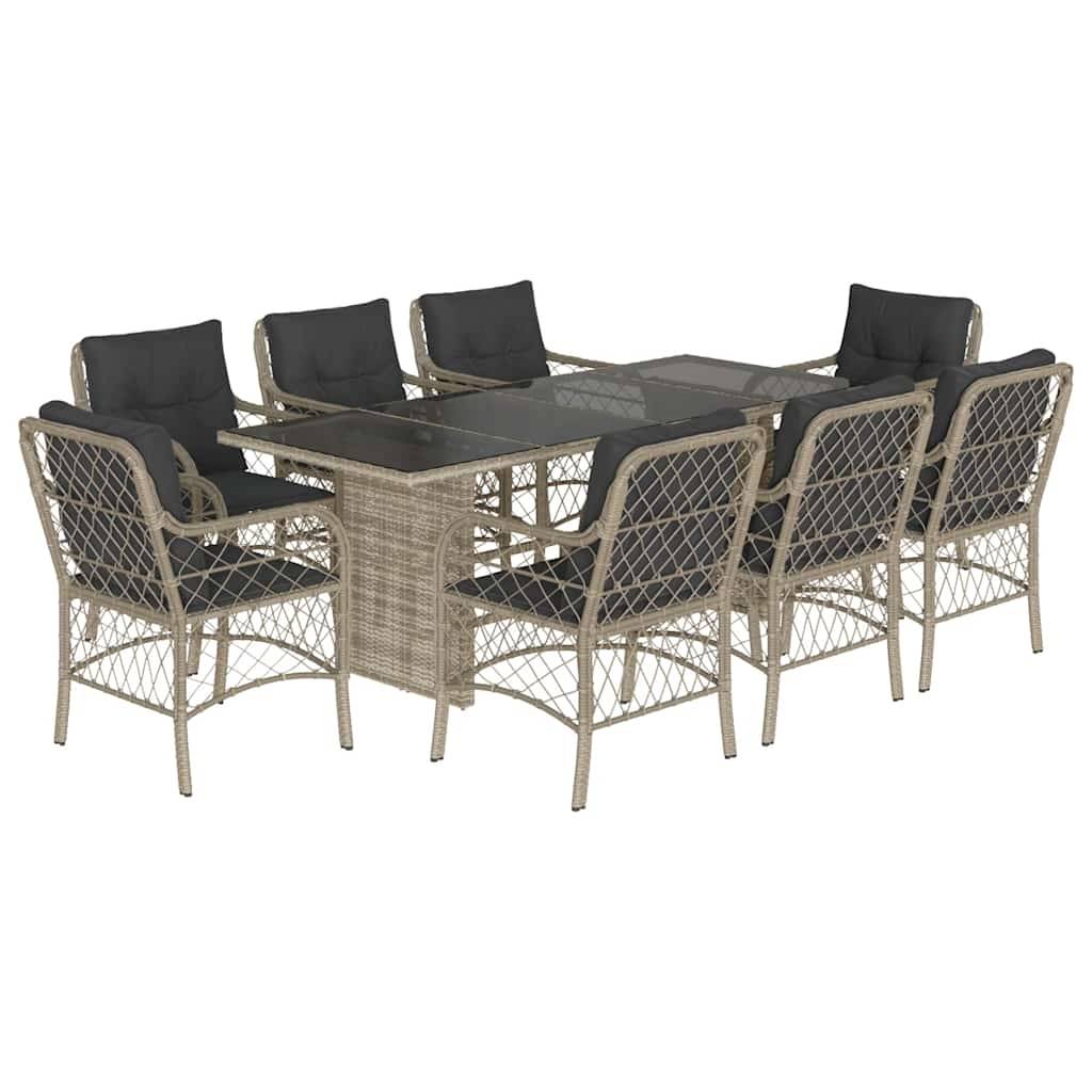 vidaXL 9-tlg. Garten-Essgruppe mit Kissen Hellgrau Poly Rattan