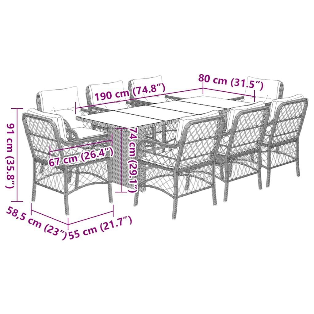 vidaXL 9-tlg. Garten-Essgruppe mit Kissen Hellgrau Poly Rattan