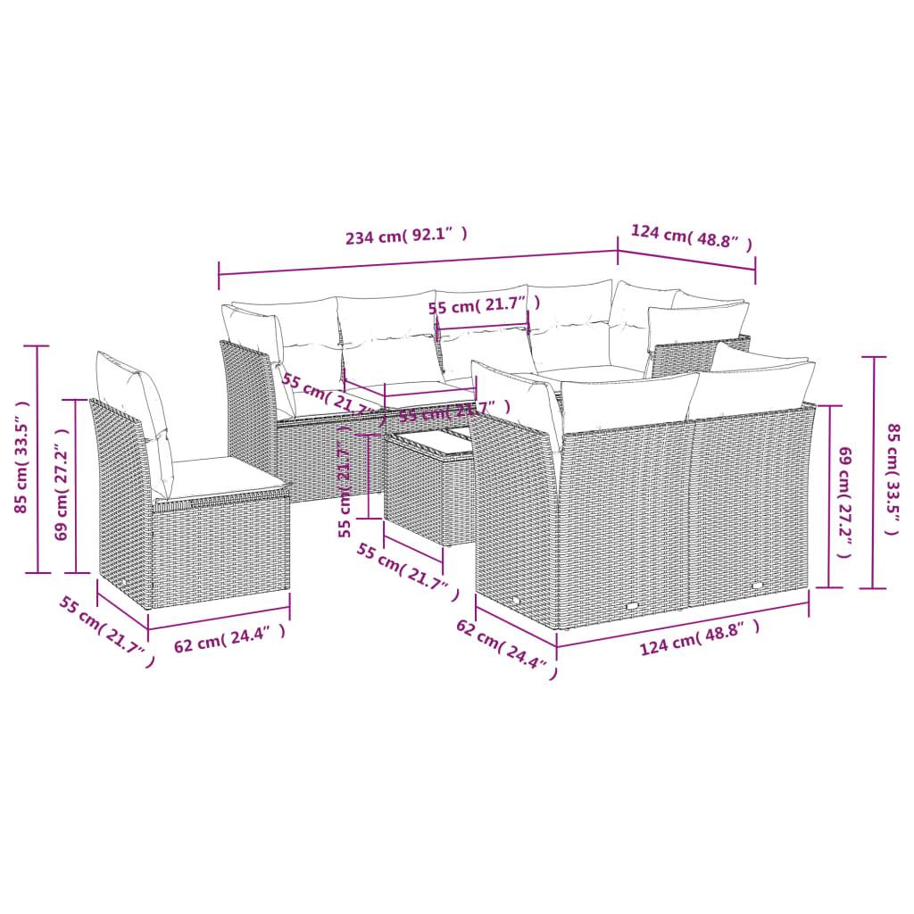 vidaXL 9-tlg. Garten-Sofagarnitur mit Kissen Hellgrau Poly Rattan