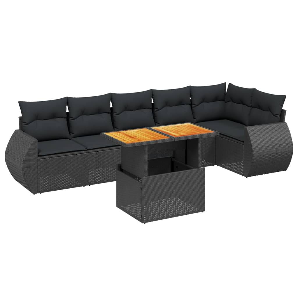 vidaXL 7-tlg. Garten-Sofagarnitur mit Kissen Schwarz Poly Rattan