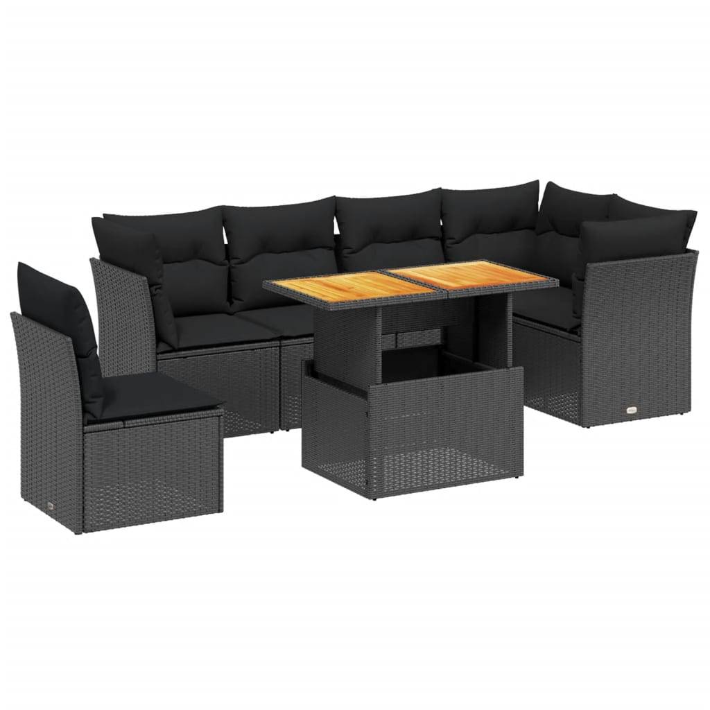 vidaXL 7-tlg. Garten-Sofagarnitur mit Kissen Schwarz Poly Rattan