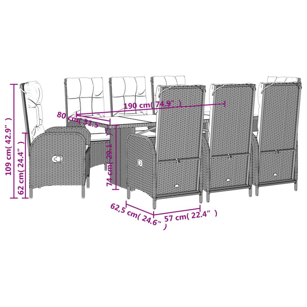 vidaXL 9-tlg. Garten-Essgruppe mit Kissen Grau Poly Rattan
