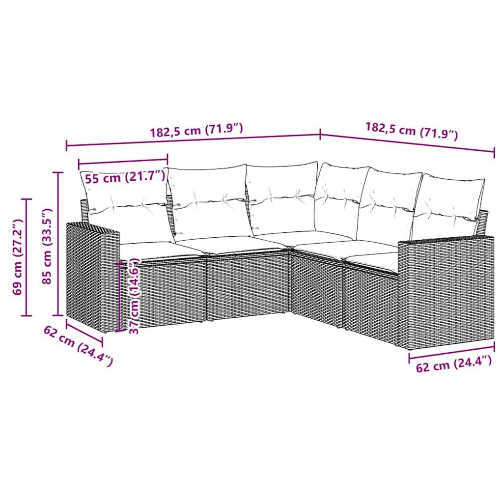 vidaXL 5-tlg. Garten-Sofagarnitur mit Kissen Braun Poly Rattan