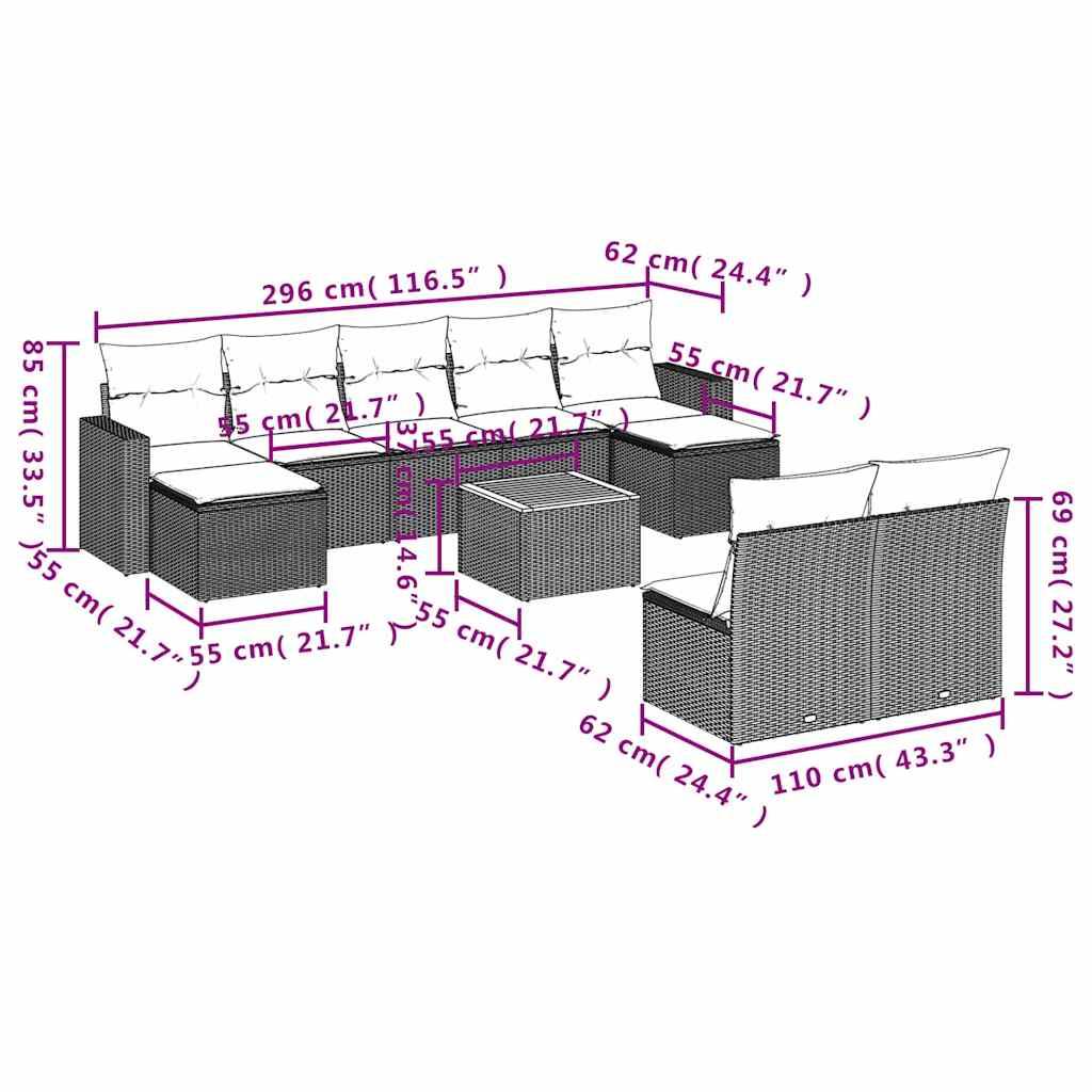 vidaXL 10-tlg. Garten-Sofagarnitur mit Kissen Schwarz Poly Rattan
