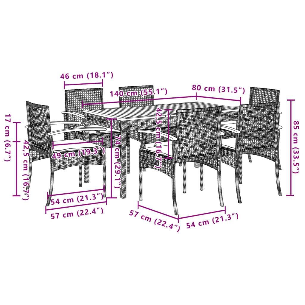 vidaXL 7-tlg. Garten-Essgruppe mit Kissen Grau Poly Rattan
