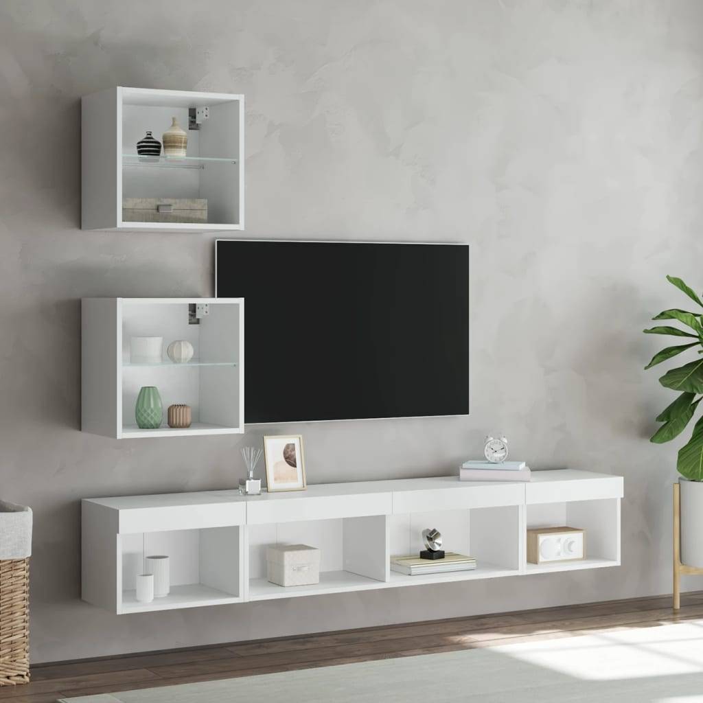 vidaXL 5-tlg. Wohnwand mit LED-Beleuchtung Weiß Holzwerkstoff
