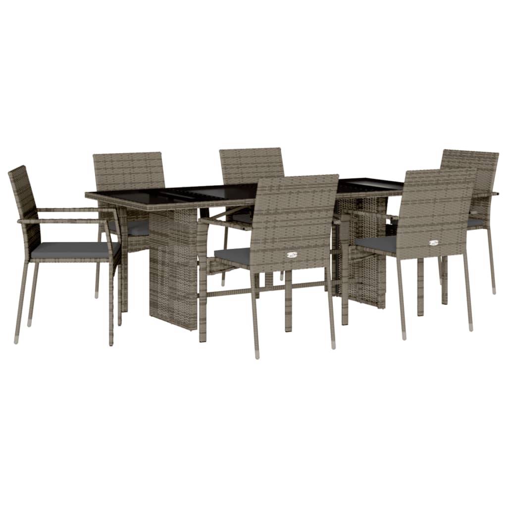 vidaXL 7-tlg. Garten-Essgruppe mit Kissen Grau Poly Rattan