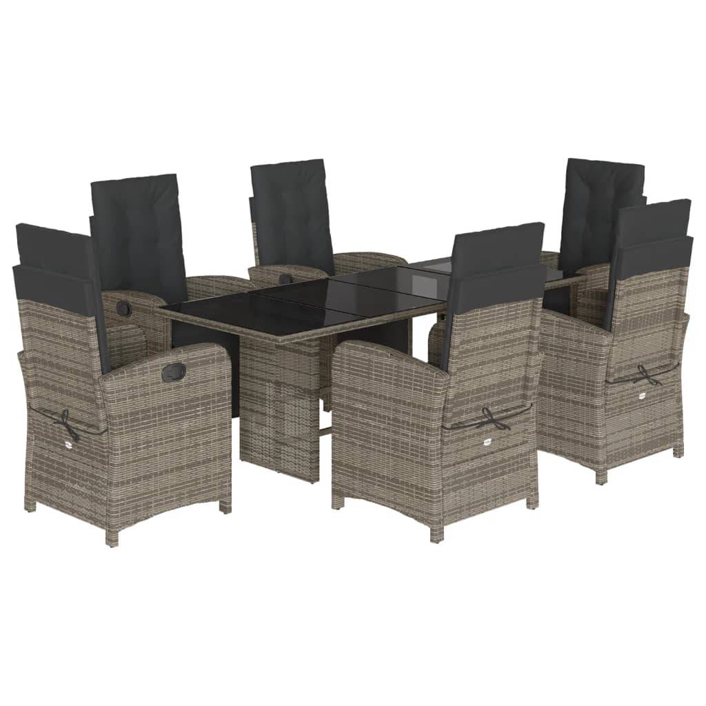 vidaXL 7-tlg. Garten-Essgruppe mit Kissen Grau Poly Rattan