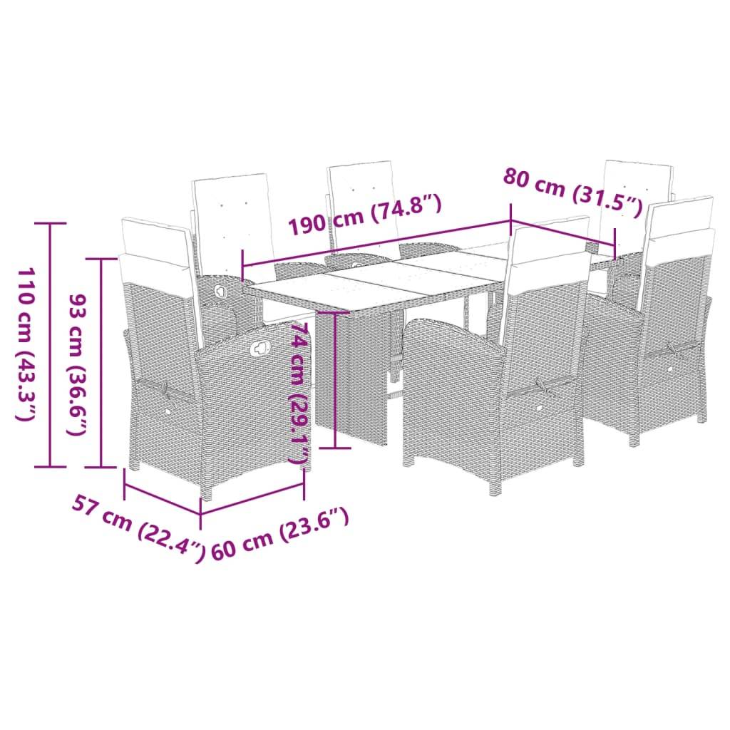 vidaXL 7-tlg. Garten-Essgruppe mit Kissen Grau Poly Rattan