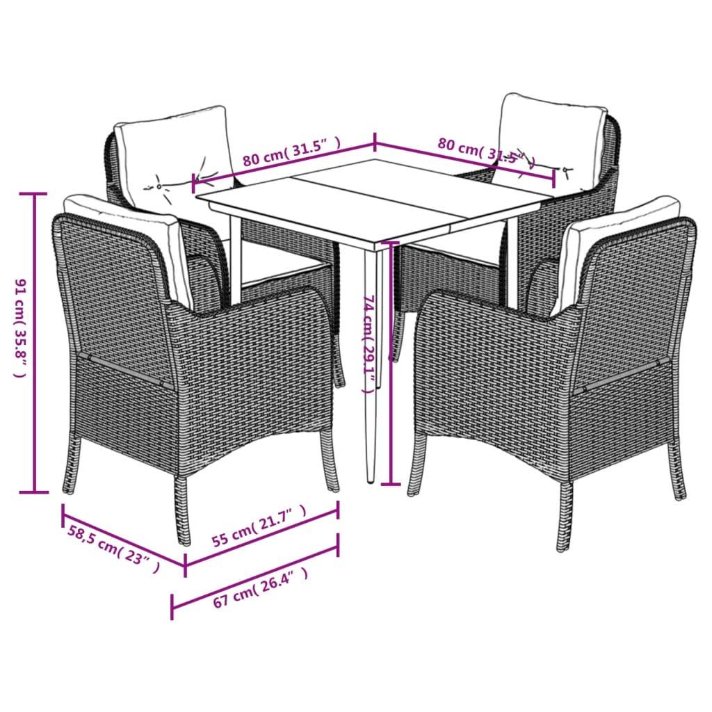 vidaXL 5-tlg. Garten-Essgruppe mit Kissen Schwarz Poly Rattan