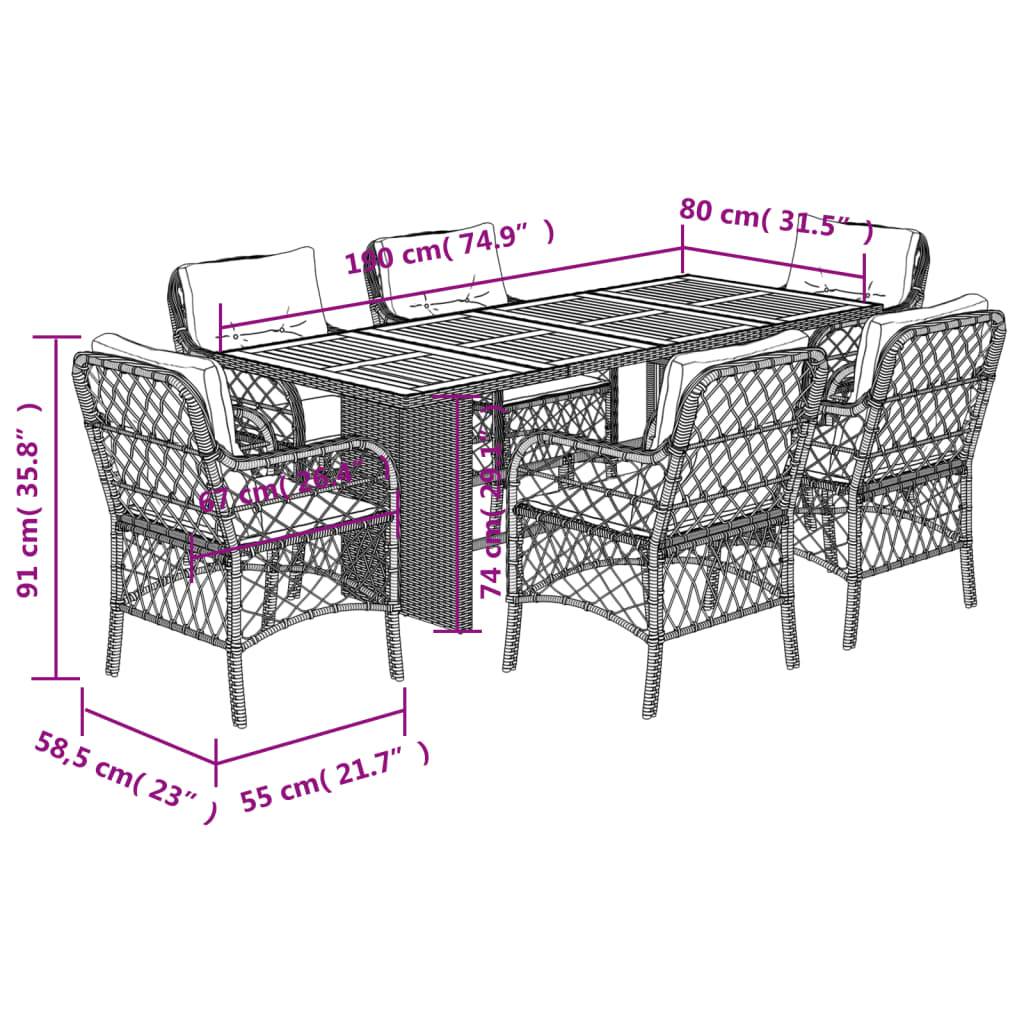 vidaXL 7-tlg. Garten-Essgruppe mit Kissen Schwarz Poly Rattan