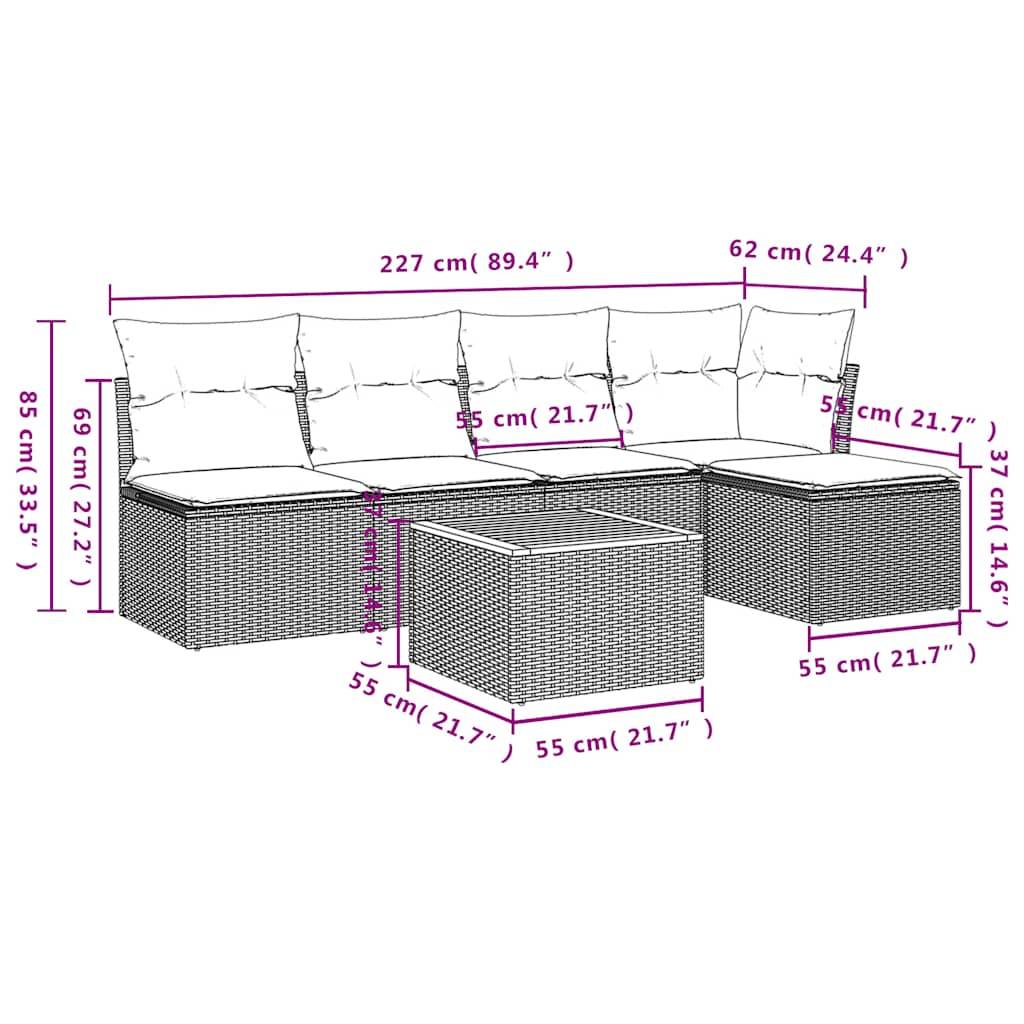 vidaXL 6-tlg. Garten-Sofagarnitur mit Kissen Schwarz Poly Rattan