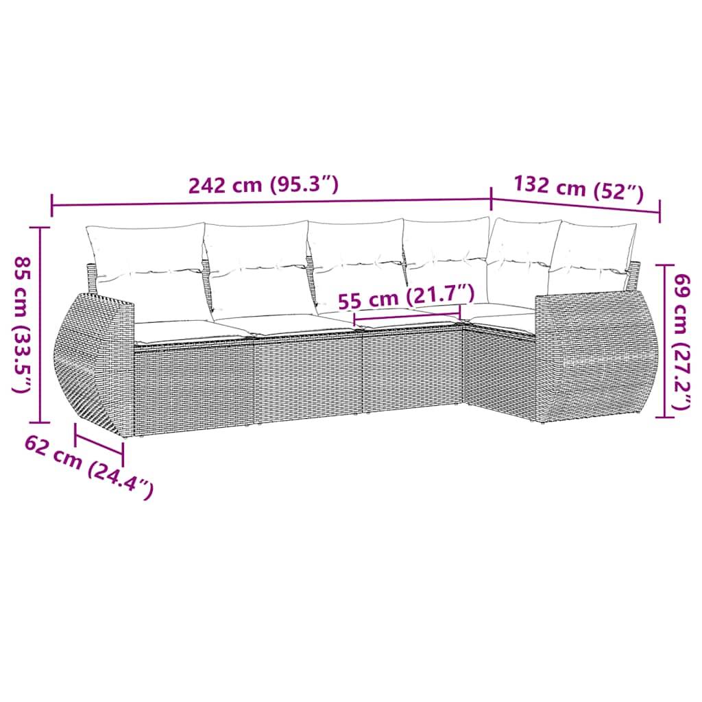vidaXL 5-tlg. Garten-Sofagarnitur mit Kissen Schwarz Poly Rattan
