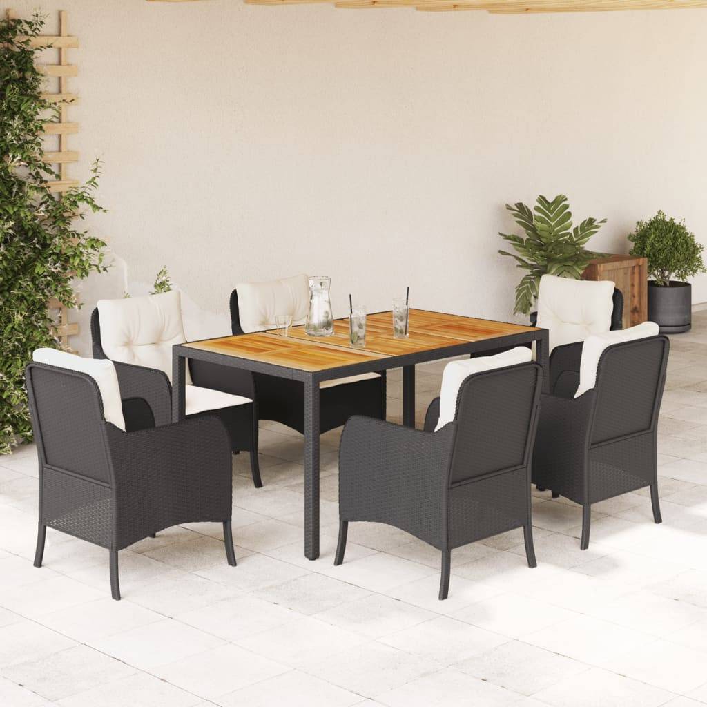 vidaXL 7-tlg. Garten-Essgruppe mit Kissen Schwarz Poly Rattan