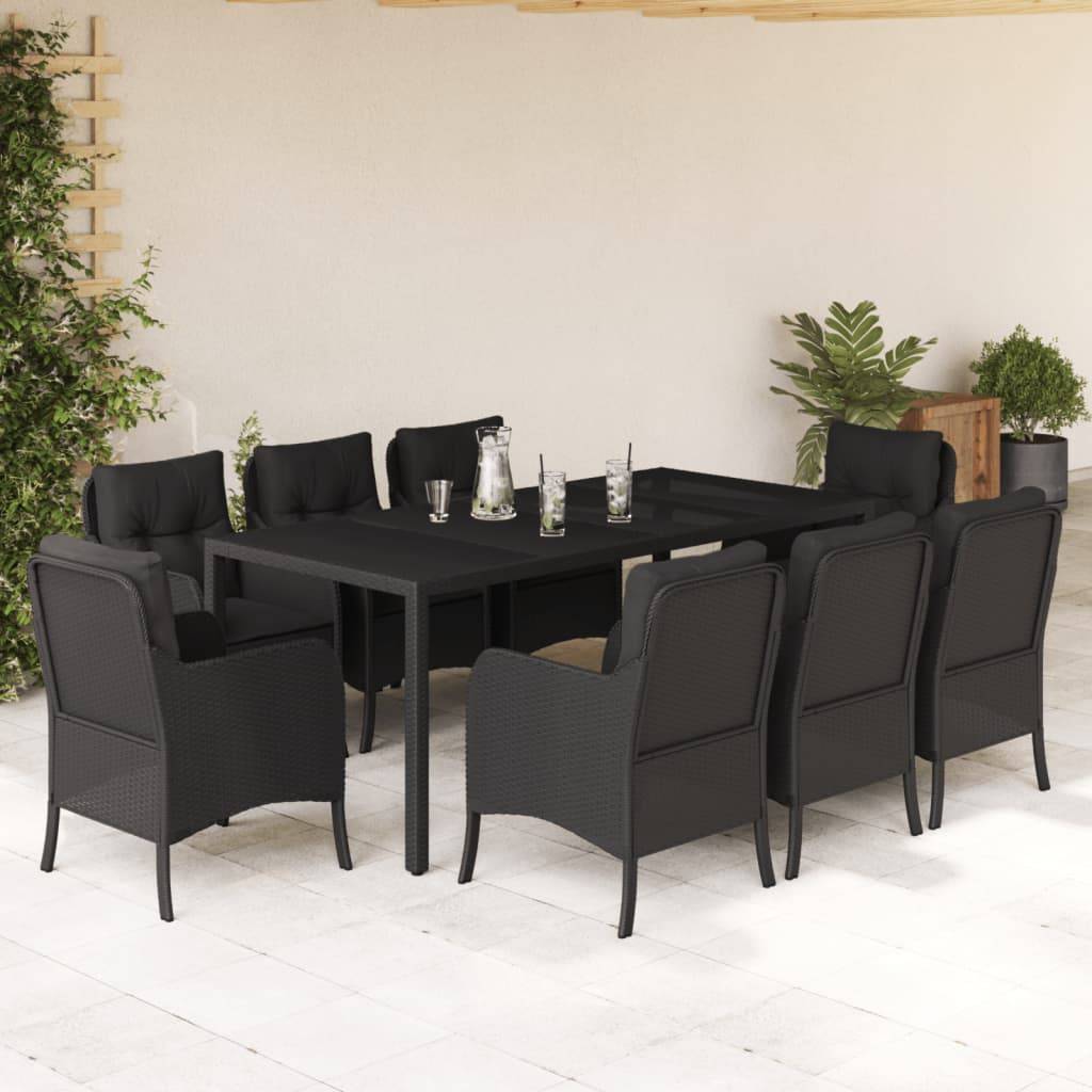 vidaXL 9-tlg. Garten-Essgruppe mit Kissen Schwarz Poly Rattan