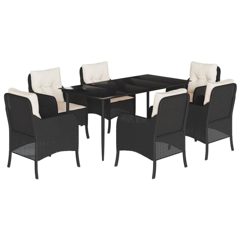 vidaXL 7-tlg. Garten-Essgruppe mit Kissen Schwarz Poly Rattan