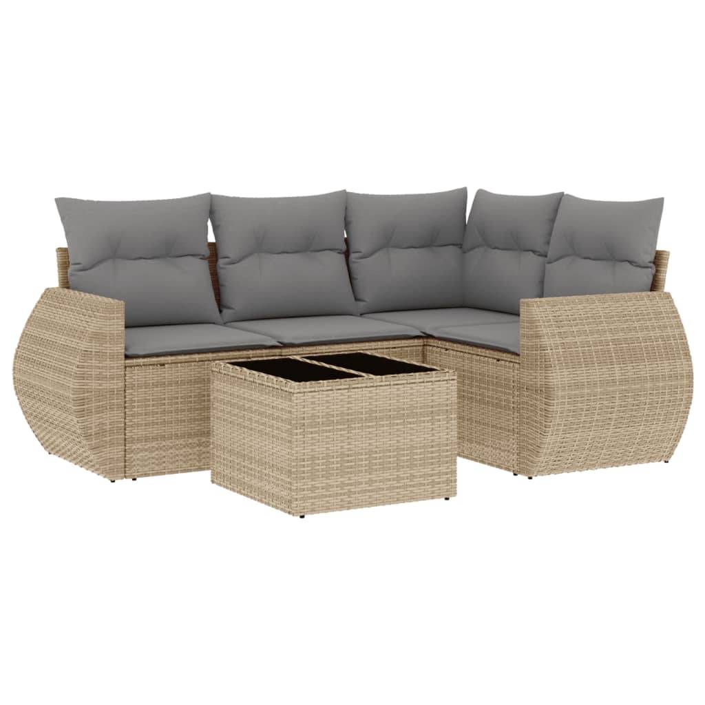 vidaXL 5-tlg. Garten-Sofagarnitur mit Kissen Beige Poly Rattan