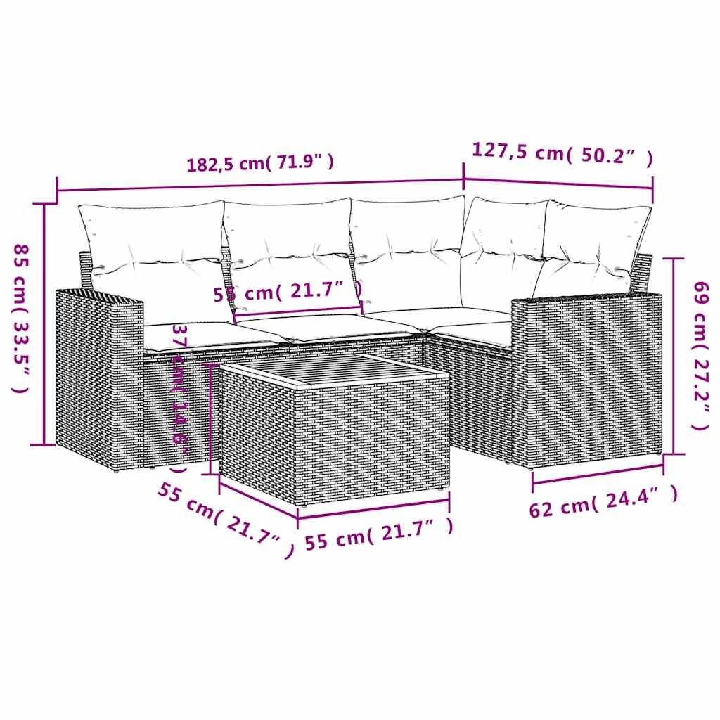 vidaXL 5-tlg. Garten-Sofagarnitur mit Kissen Schwarz Poly Rattan
