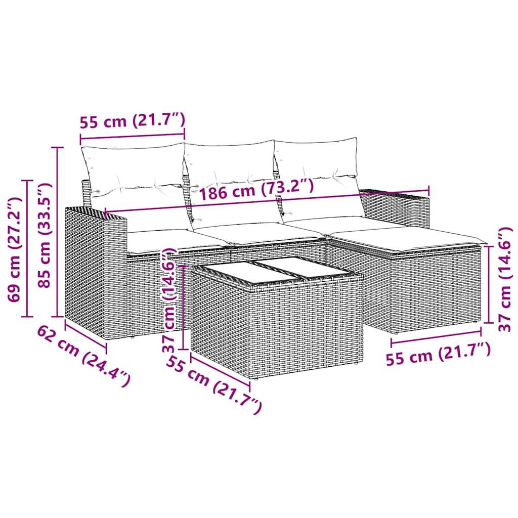 vidaXL 5-tlg. Garten-Sofagarnitur mit Kissen Schwarz Poly Rattan