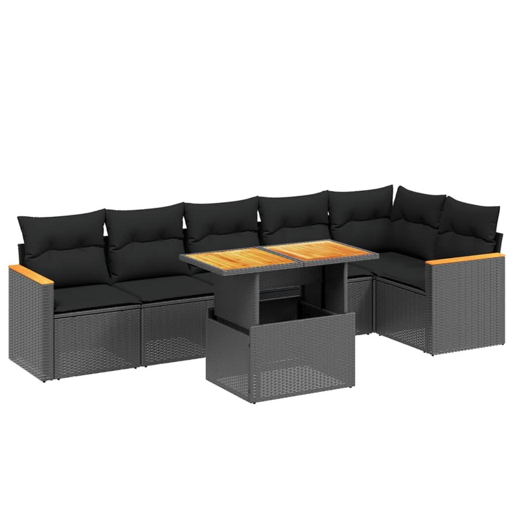 vidaXL 7-tlg. Garten-Sofagarnitur mit Kissen Schwarz Poly Rattan