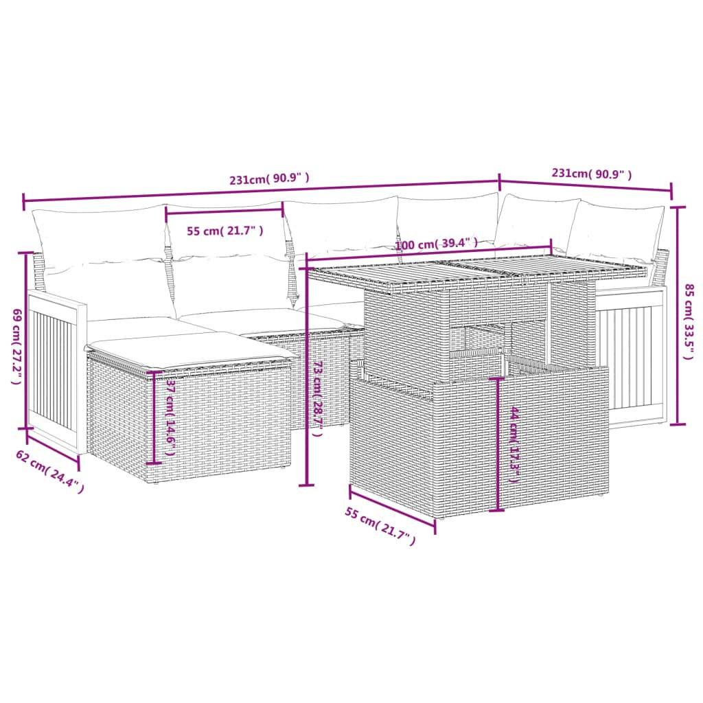 vidaXL 6-tlg. Garten-Sofagarnitur mit Kissen Beige Poly Rattan
