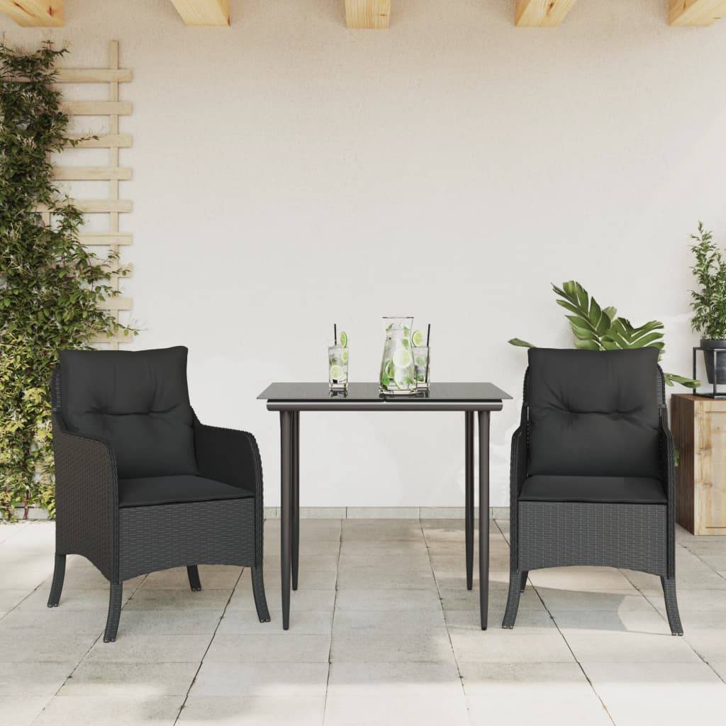 vidaXL 3-tlg. Garten-Essgruppe mit Kissen Schwarz Poly Rattan