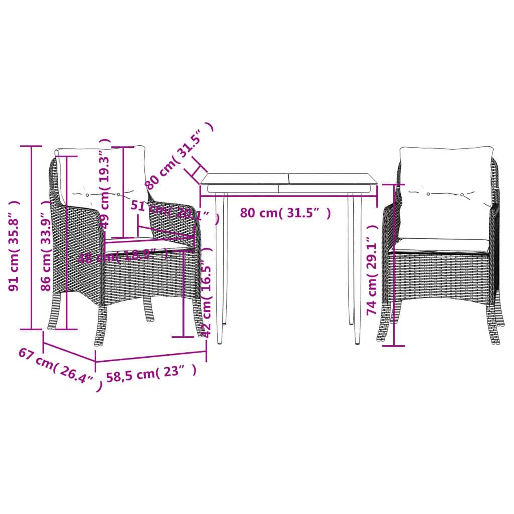 vidaXL 3-tlg. Garten-Essgruppe mit Kissen Schwarz Poly Rattan