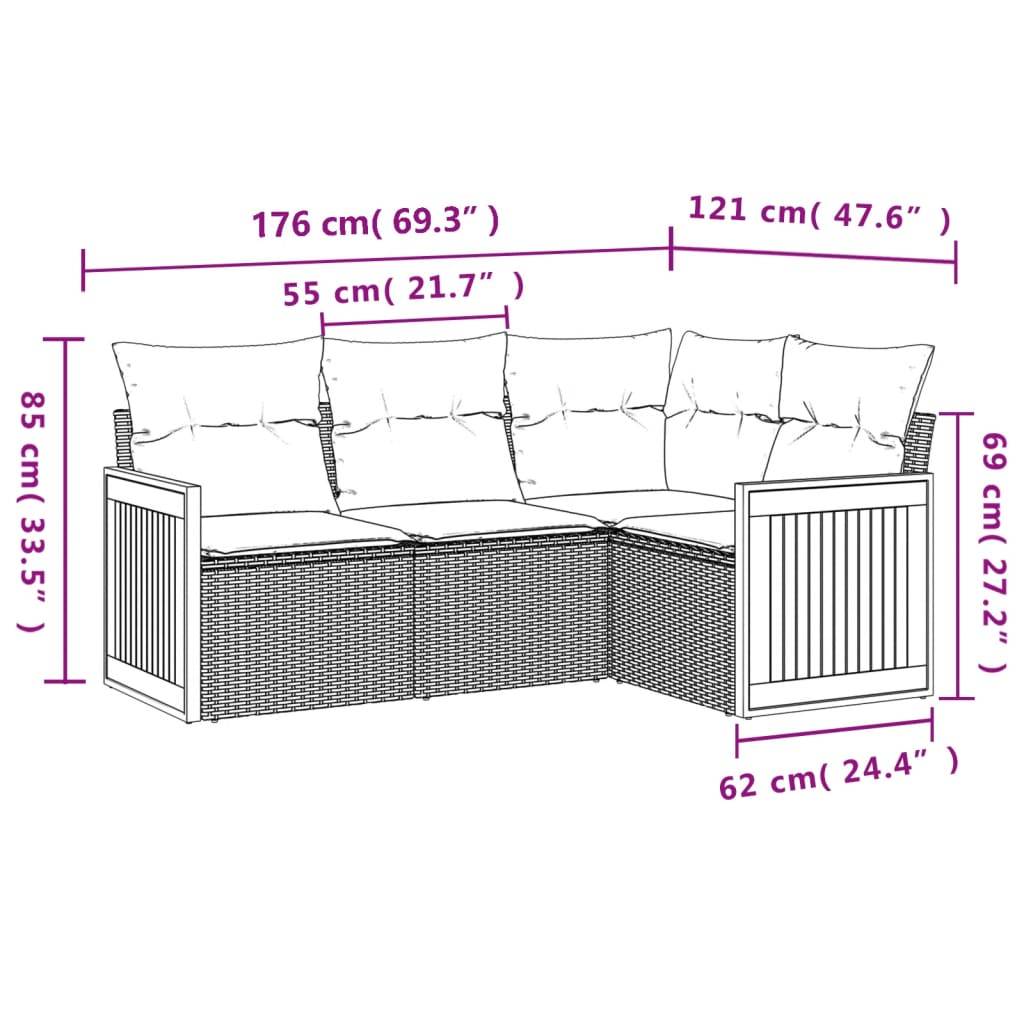 vidaXL 4-teiliges Gartensofa-Set mit Kissen, grau, Polyrattan