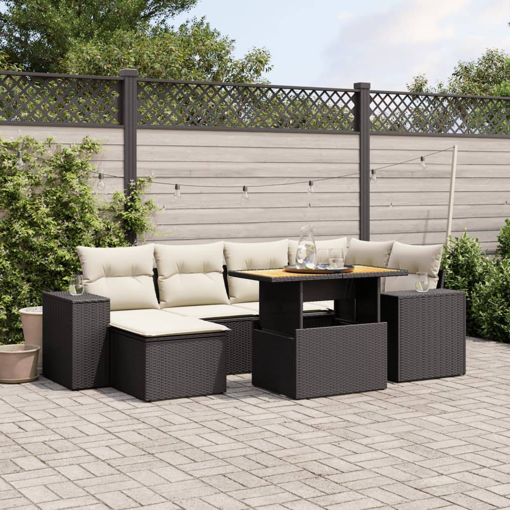 vidaXL 7-tlg. Garten-Sofagarnitur mit Kissen Schwarz Poly Rattan