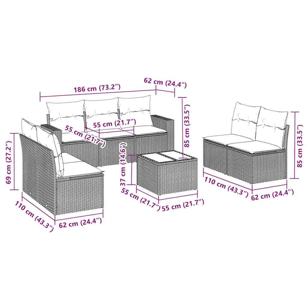 vidaXL 8-tlg. Garten-Sofagarnitur mit Kissen Schwarz Poly Rattan