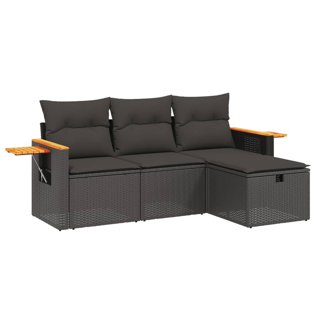 vidaXL 4-tlg. Garten-Sofagarnitur mit Kissen Schwarz Poly Rattan