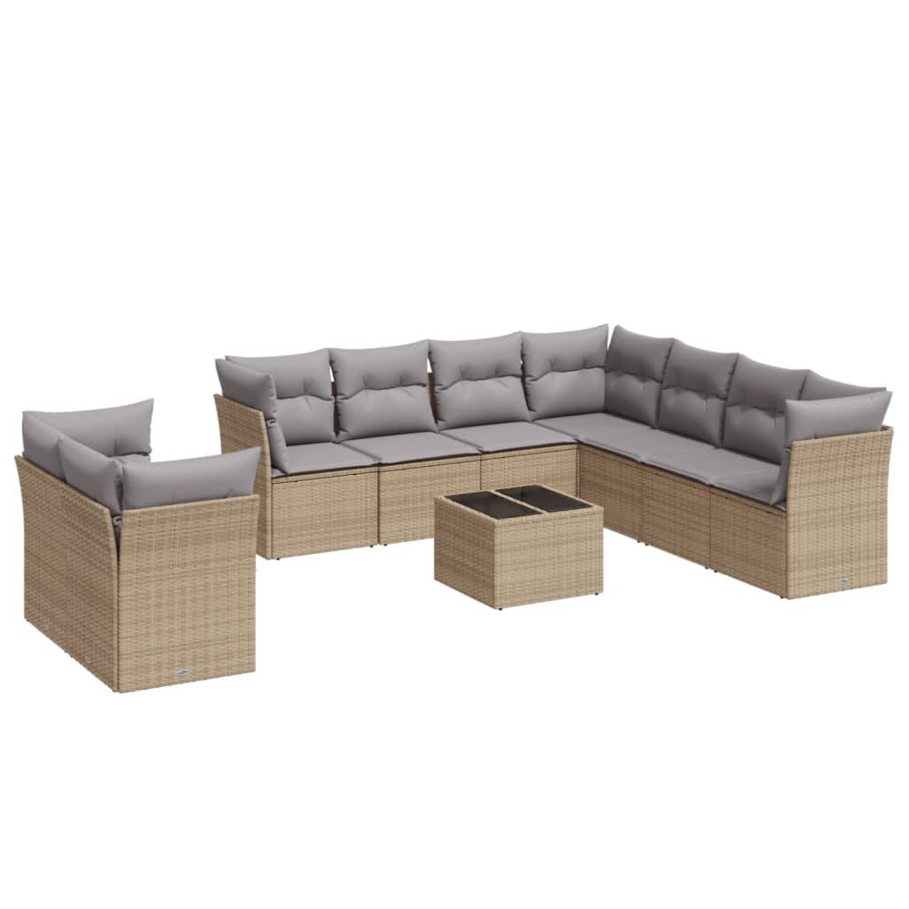 vidaXL 10-tlg. Garten-Sofagarnitur mit Kissen Beige Poly Rattan