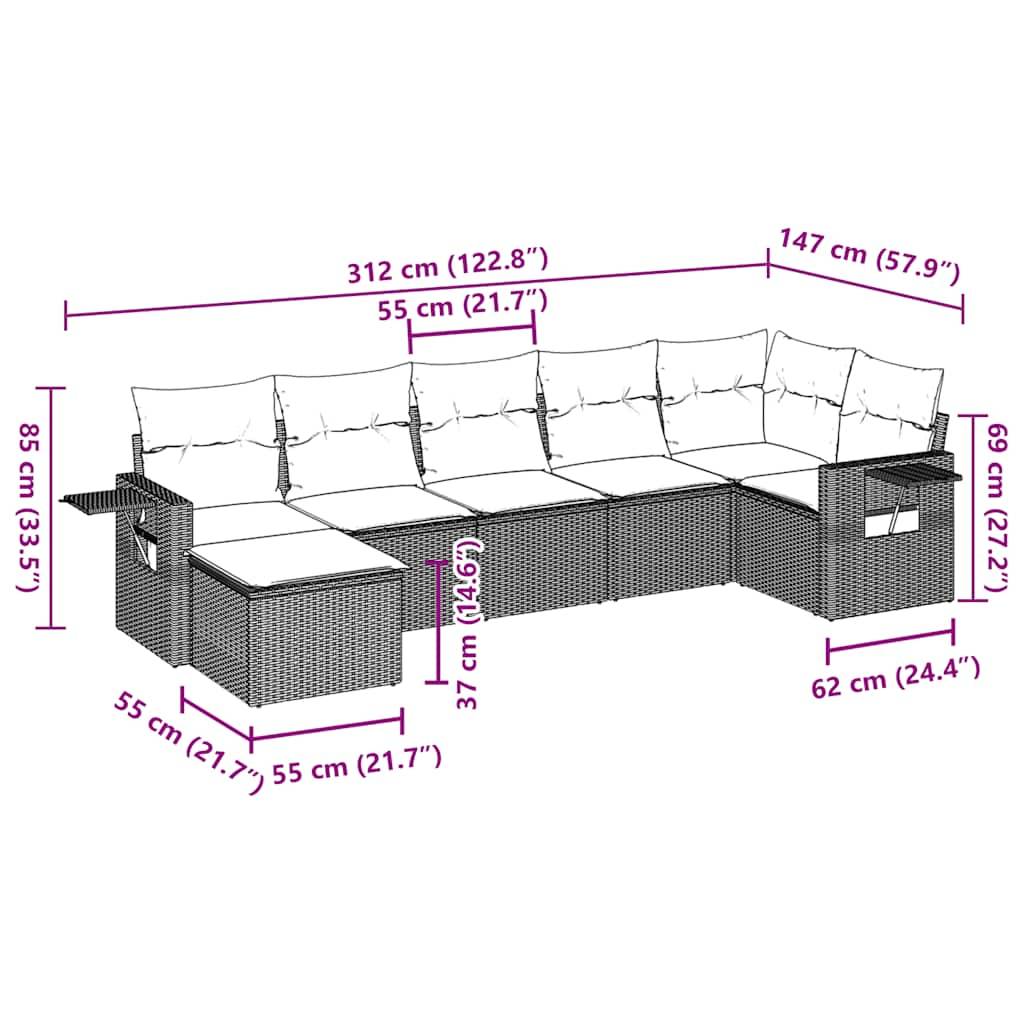 vidaXL 7-tlg. Garten-Sofagarnitur mit Kissen Braun Poly Rattan